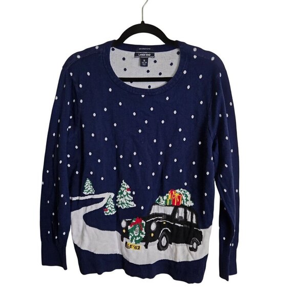 Lands' End Supima Cotton Polka Dot Christmas Car Holiday Sweater Size 1X - Picture 2 of 7